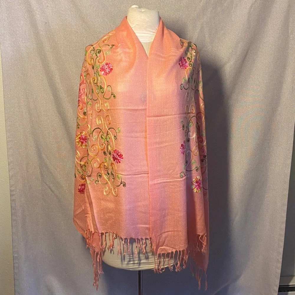 Embroidered Floral Peach Shawl
